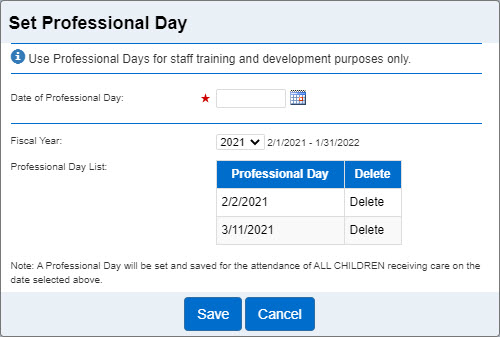 An image showing the option to set and save a professional day 