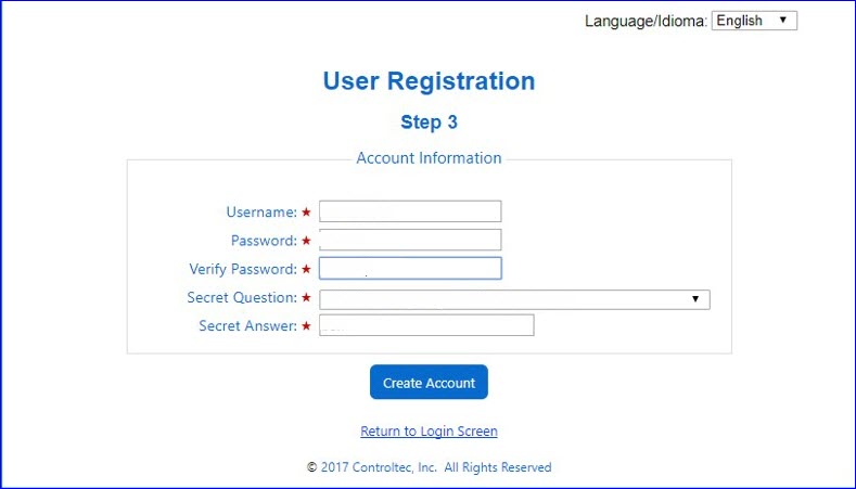 An image showing the fields for username, password, and security question creation 