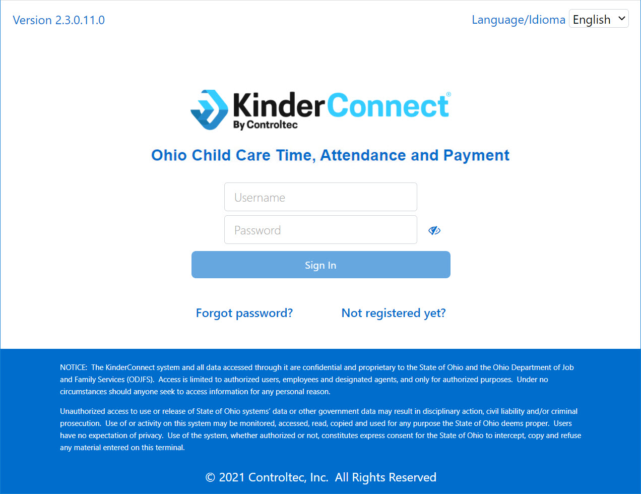 An image showing the KinderConnect login page