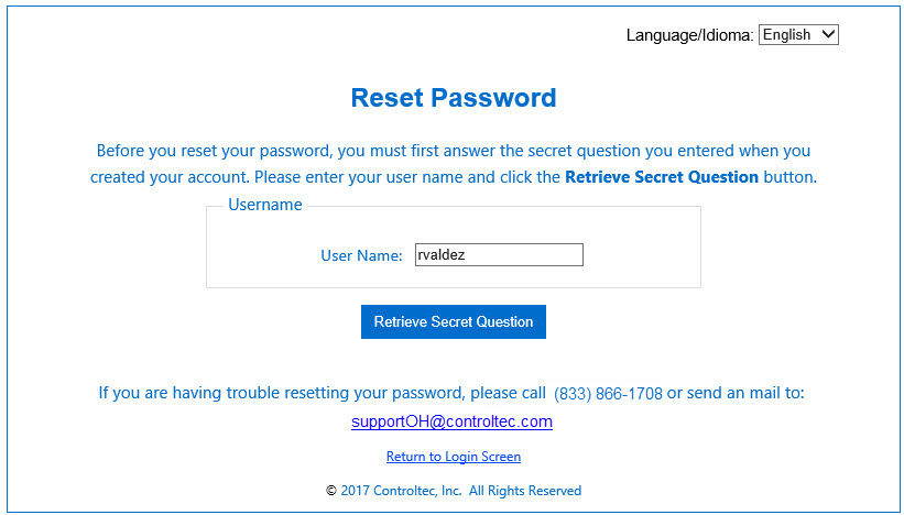 An image showing how to enter a username to reset the password