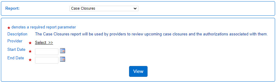 An image showing the case closures report search parameters