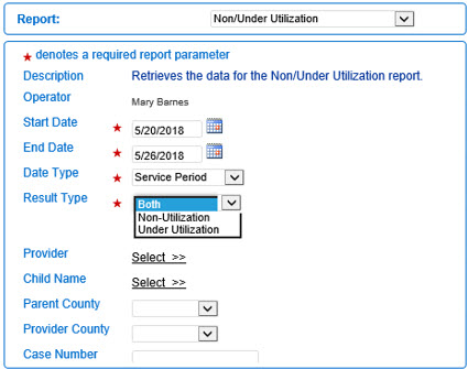 An image showing the non/under utilization report search parameters