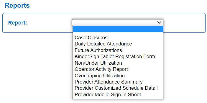 An image showing a drop down menu of all availible reports