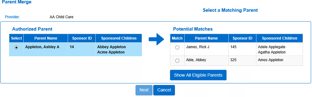 An image showing potential matches for the selected parent