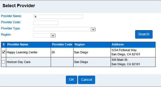An image showing the results from searching the select provider page