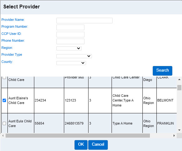 An image showing the results from searching the select provider page