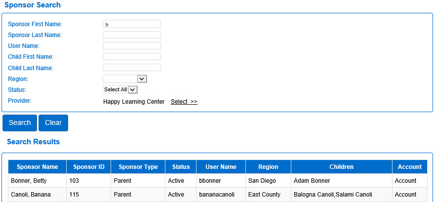 An image showing the sponsor search page with a selected provider
