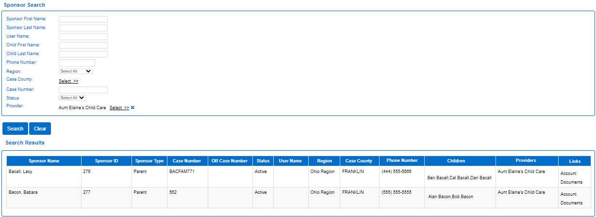 An image showing the sponsor search page with a selected provider